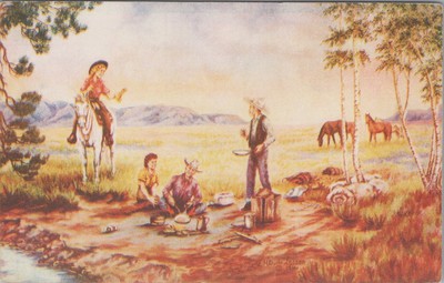 1941 L. H. ''Dude'' Larsen Cowboy Camp Art Postcard ''The Lure of the West''