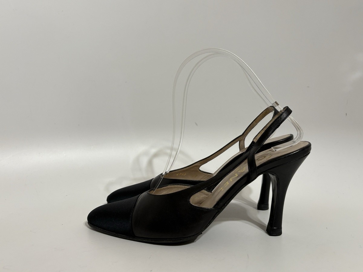 Vtg Chanel 90s Black Leather Satin Slingback Heels 37 | eBay