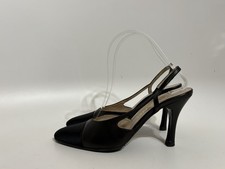 Vtg Chanel 90s Black Leather Satin Slingback Heels 37