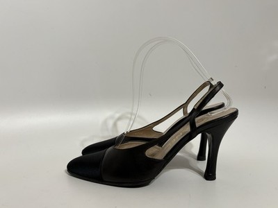 Vtg Chanel 90s Black Leather Satin Slingback Heels 37 | eBay