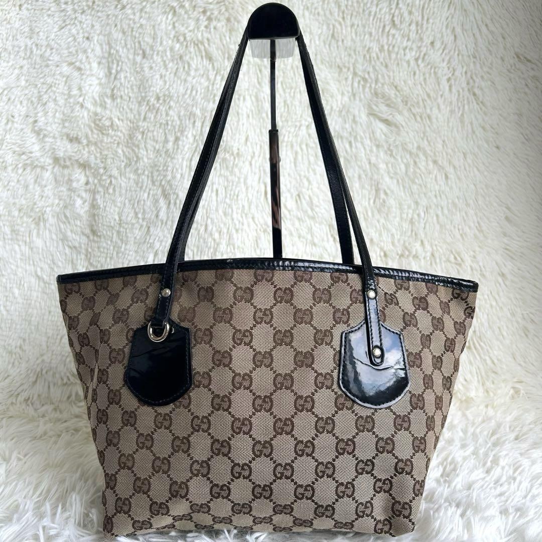 Gucci GG Canvas Enamel Beige Brown Tote Bag Pre-Owned Authentic