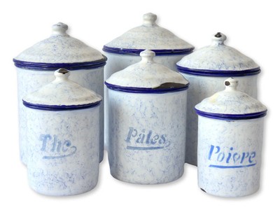 1920s French Enameled Kitchen Canisters - ''Smoke on the Mountain''