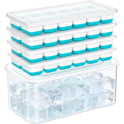 Ice Cube Tray with Lid & Bin - 4 Pack Small Stackable  Assorted colors 