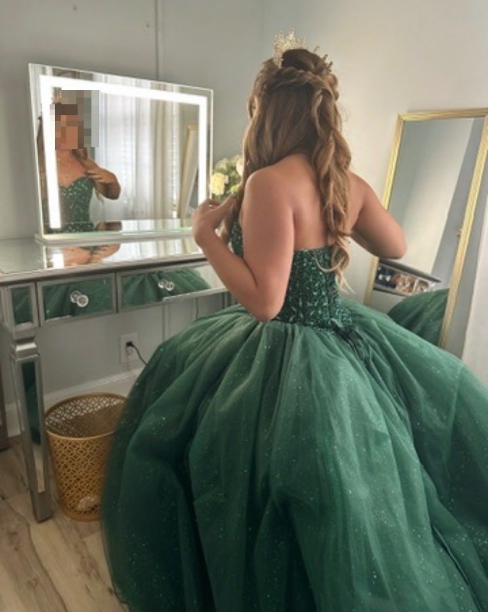 green emerald velvet dress Hunter Green Lace Top Shoulder Straps Quinceanera Ball Gown – Aquarius Brand main image 1