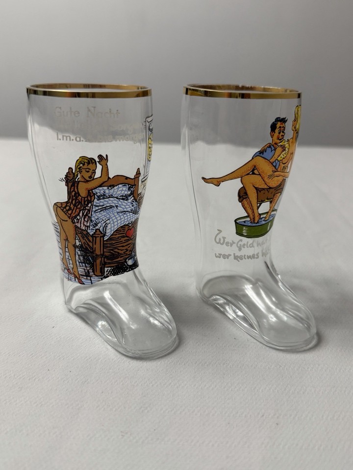 Vintage German Beer Boot Shaped Glass Cartoon Pics, Gold Rimmed Rostal ...