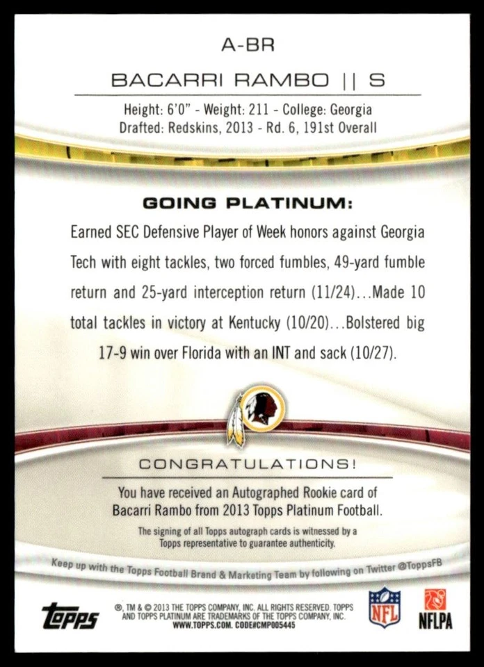 2013 Topps Platinum Rookie Autographs Blue Refractors Bacarri Rambo Auto 74/99 - Image 2 of 2