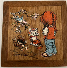 Vintage Cat with Bird Nest Leonard Hand Painted Wood Decor - Pre-Owned