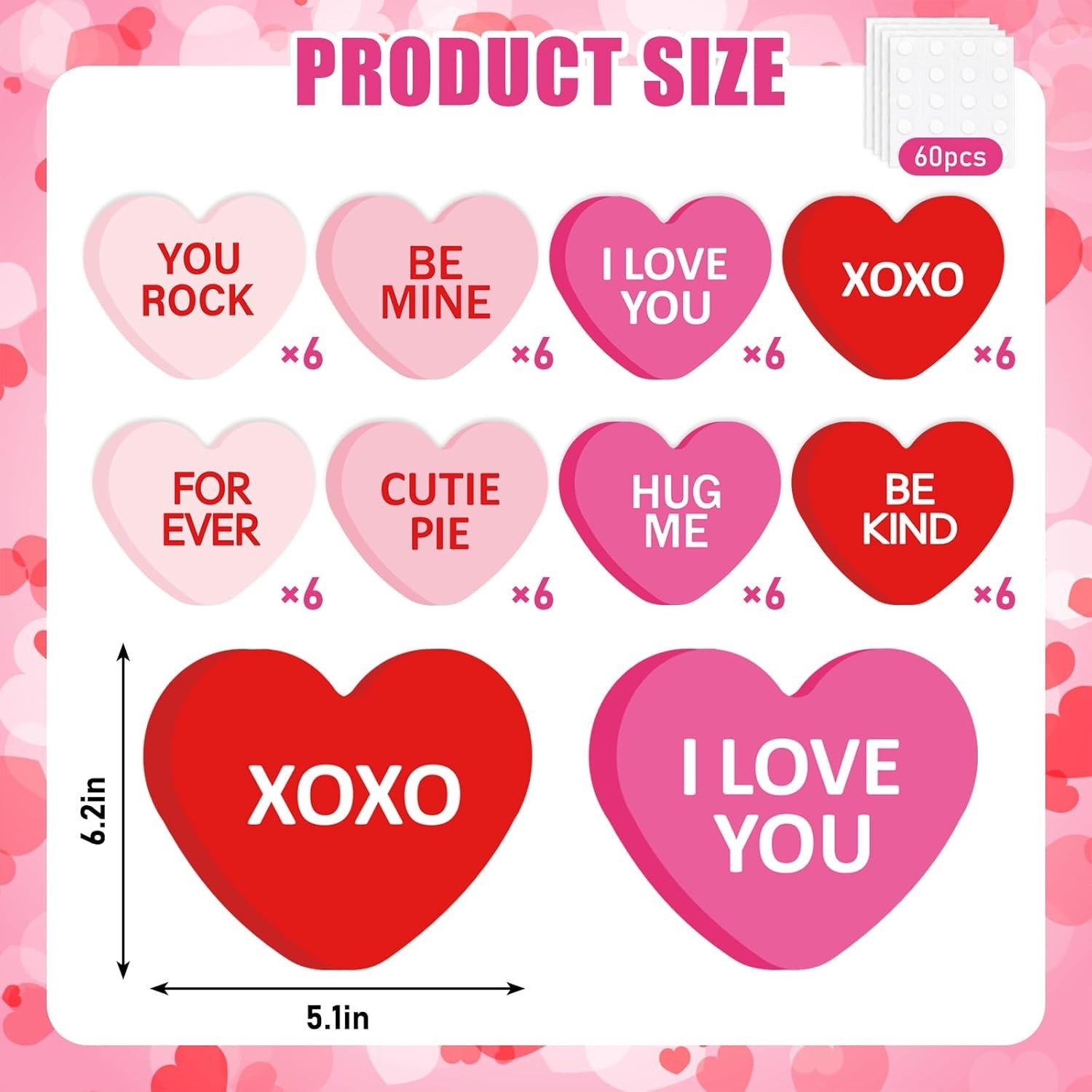 48Pcs Valentine' s Day Conversation Heart Paper Cutouts 6 Inch Red Pink Candy... thumbnail 3
