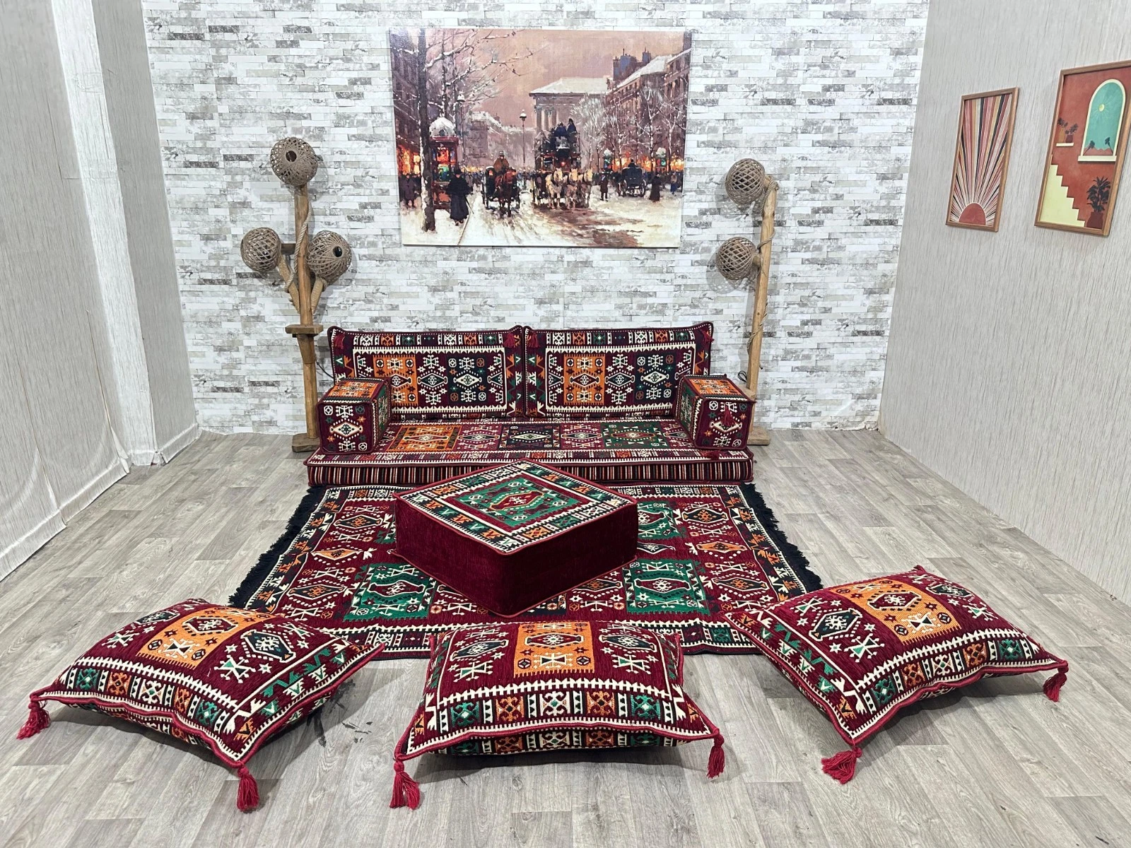Oriental sofa, Sark Kösesi, seat cushion, Arabic seating area, kilim