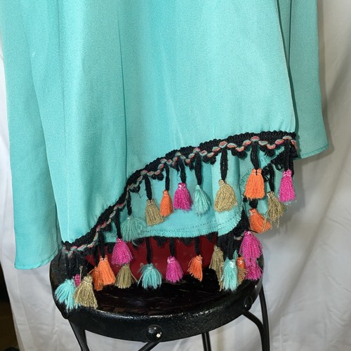 Judith March Top Damen groß türkis Glockenärmel Boho Bommel Fransen Bündchen V-Ausschnitt - Bild 5 von 17