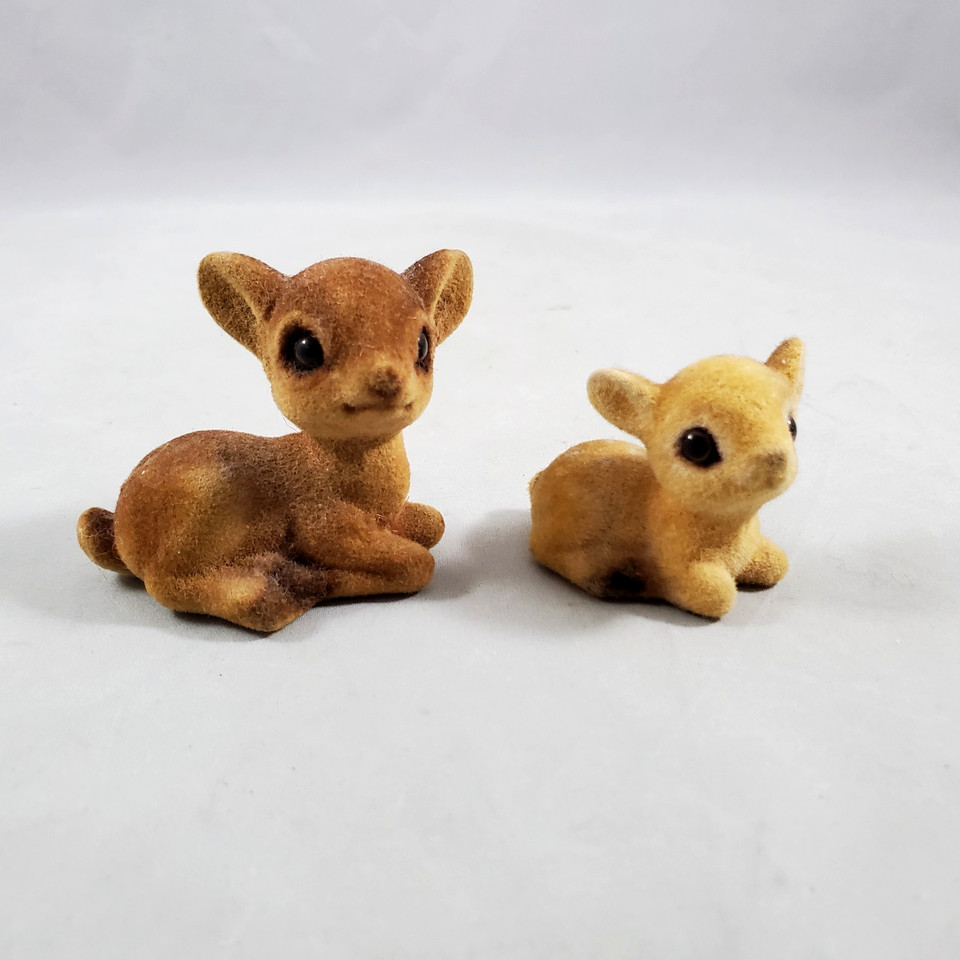 Pair of mid-century flocked ceramic fawn figurines with that irresistible kitschy Japan-export charm — the kind of shelf piece that sparks instant conversation.