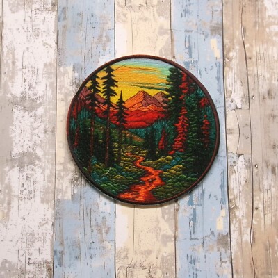 Hiking Trail Patch Embroidered Iron-On Applique Mountain Badge, Forest, Trees