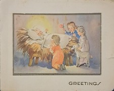 Christmas Card Vintage Children Praying Baby Jesus Nativity Embossed Art Deco