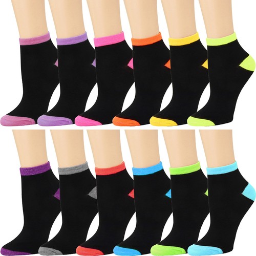 12 Pairs Assorted Colors Two-Tone Designed Women Athletic Sport Ankle Socks 9-11 - Picture 1 of 2
