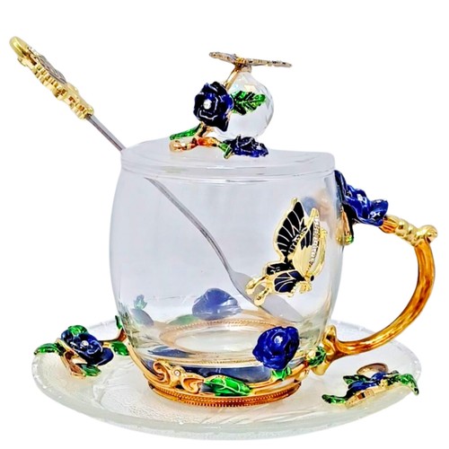 Glass Teacup Set Regal Floral Fairycore Butterfly Coffee Mug Cottagecore Elegant - Picture 1 of 24
