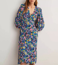 BODEN Empire Midi Tea Dress size 12 long  Riviera Blue floral,  D0295    b60a --