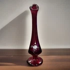 Vintage Fenton 8 1/2” Amberina Bud Vase Red Hand Painted Flowers Signed S.Walsh