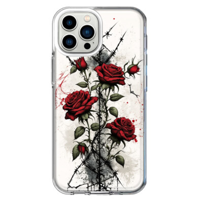 For Apple iPhone 13 Pro Max Shockproof Hybrid Case, Gothic Barbed Wire Red Roses