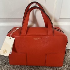 Tory Burch Block T- Pebbled Zip Satchel Spicy Orange NWT K10