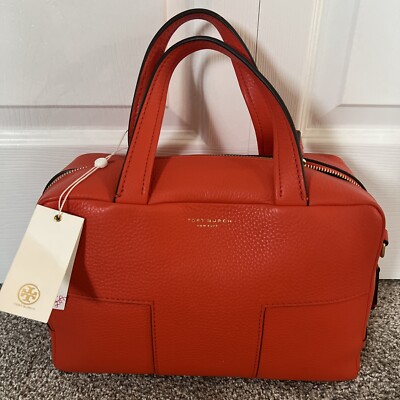 Tory Burch Block T- Pebbled Zip Satchel Spicy Orange NWT K10 | eBay