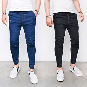 Mens Elastic Waist Cuffed Ripped Jeans 