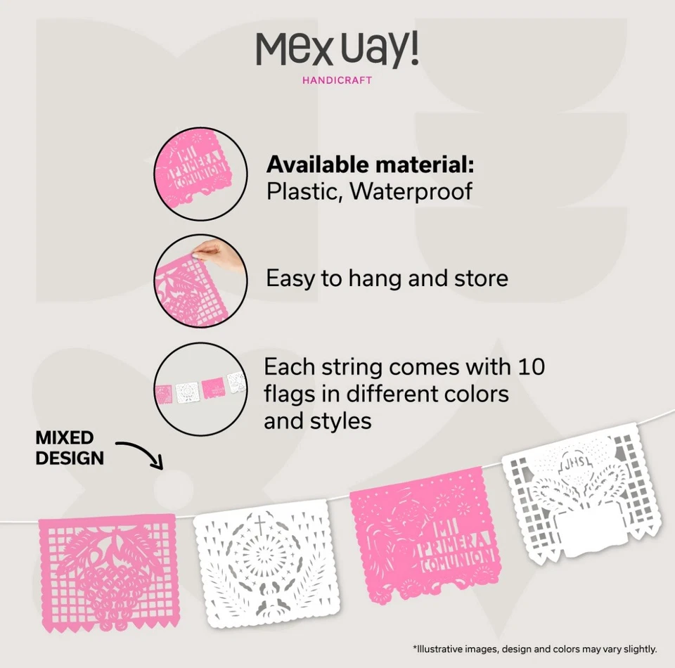 Estandartes Mi Primera Comunion ~ Paquete de 3 pancartas de 18 pies cada una - Papel de plástico rosa picado Foto 4 de 4