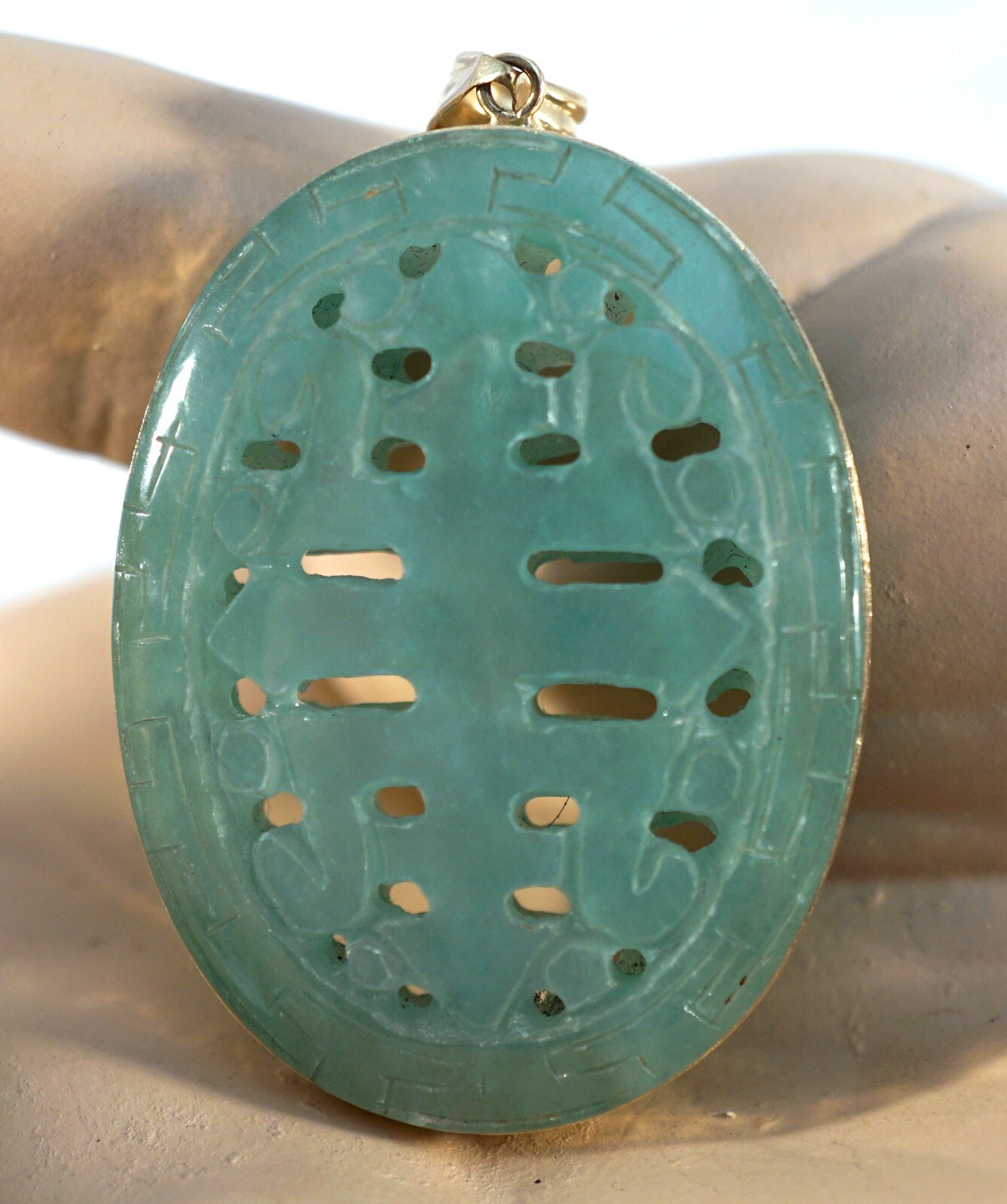 Translucent Jade Gemstone Pendant with Pierced De… - image 3