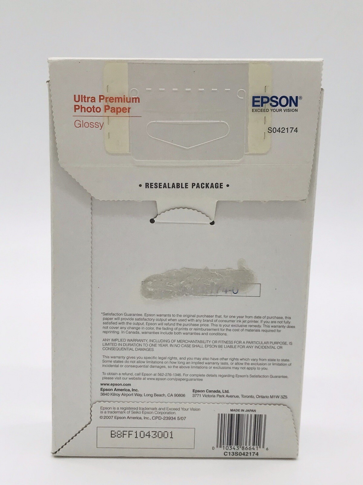 Epson Ultra Premium Glossy Photo Paper 4x6 Glossy Bright White100