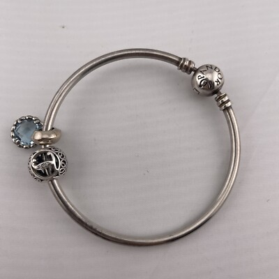 Estate Genuine PANDORA 925 Bangle Bracelet x Charms J Letter Dangle  Blue