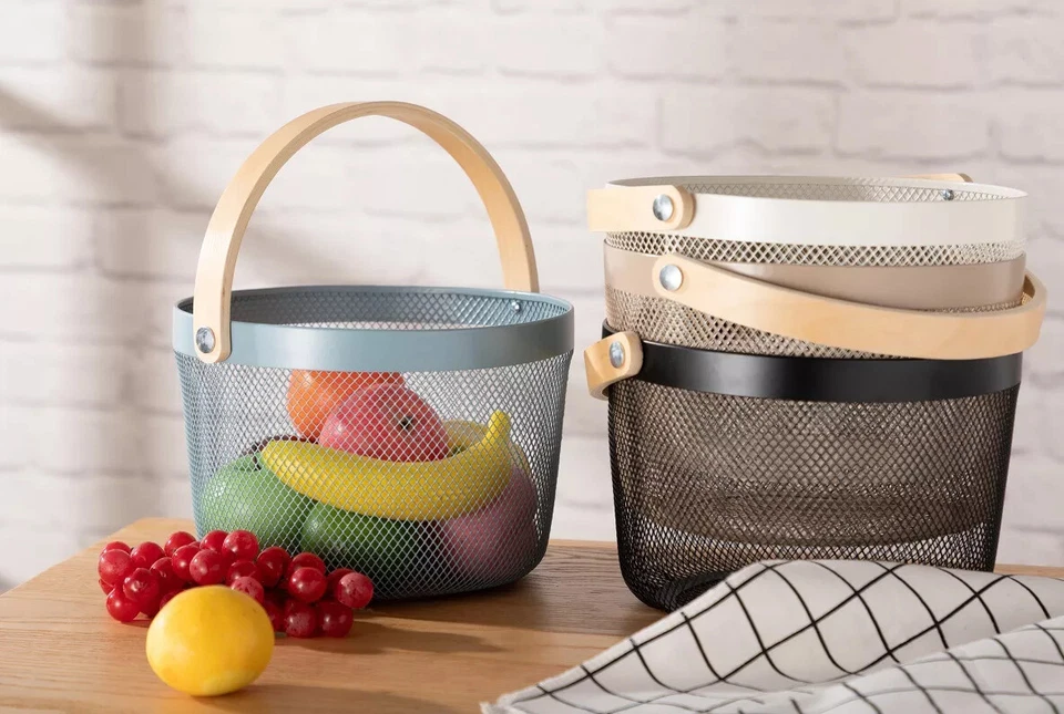 Obstkörbe Aufbewahrungskorb mit Holz Henkel, Drahtkörbe Metallkorb Korb Metall - Bild 4 von 4