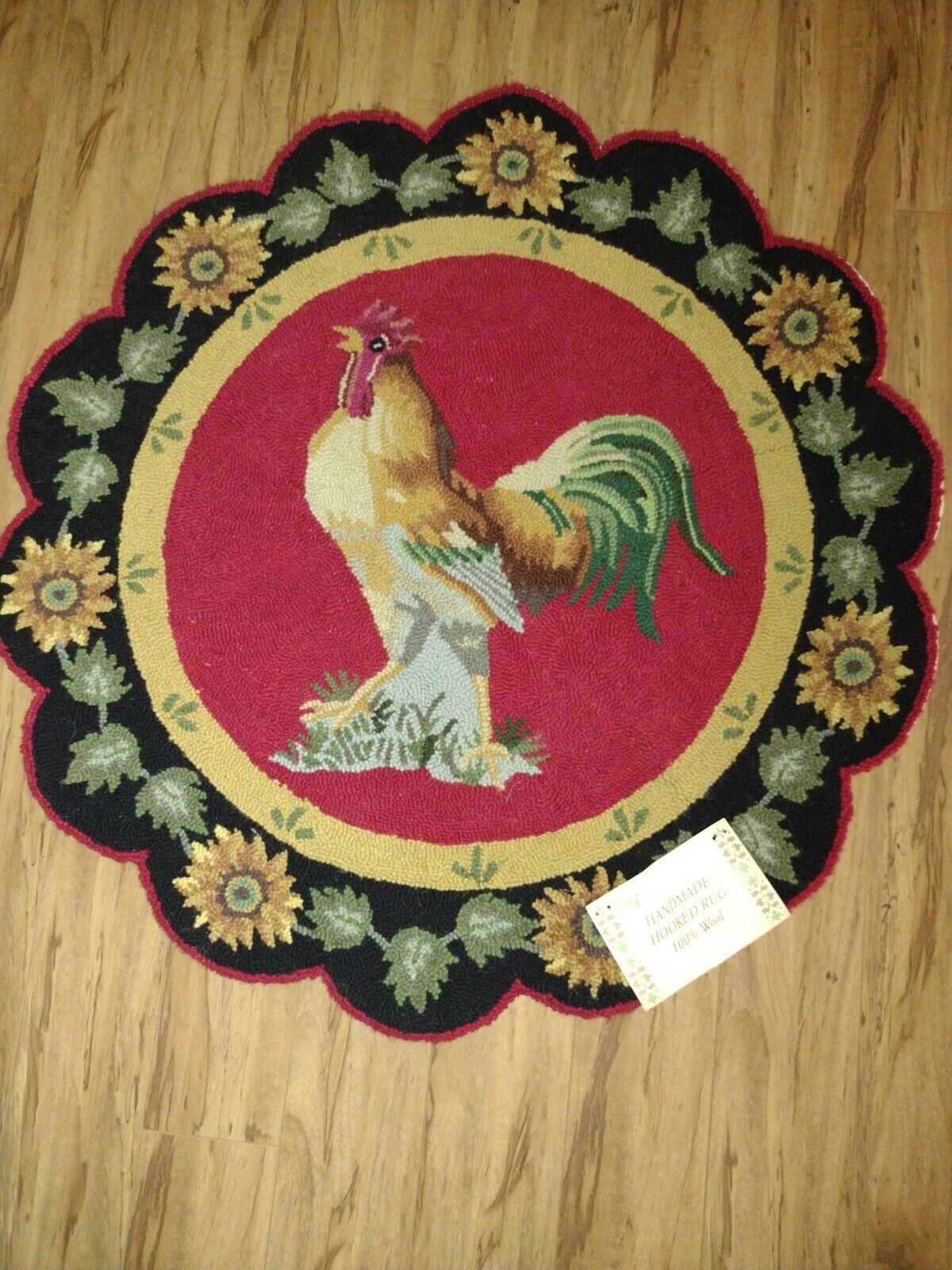 Vintage Hand Hooked Rooster Wool Rug Mat with Fabric Backing, Floral 36" 