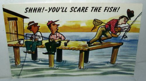 Fishing Comic Whimsical Fishermen Postcard 1940s - Zdjęcie 1 z 2