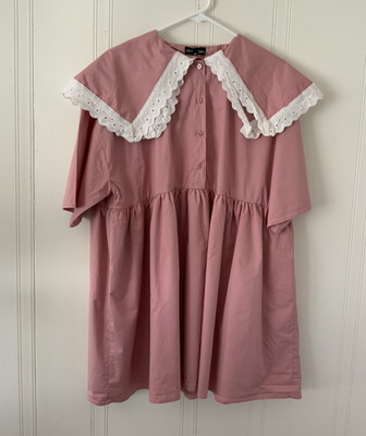 Sister Jane Mini Dress Pink Solid Cotton Eyelet Lace Collar Short Sleeve M