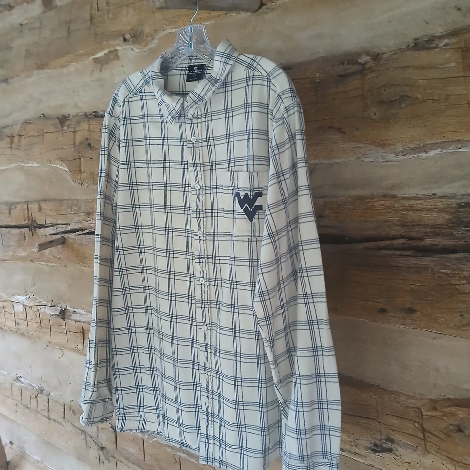 Colosseum Men's University of WV Flannel Shirt Cotton Ivory Blue Plaid XL - Image 4 of 4