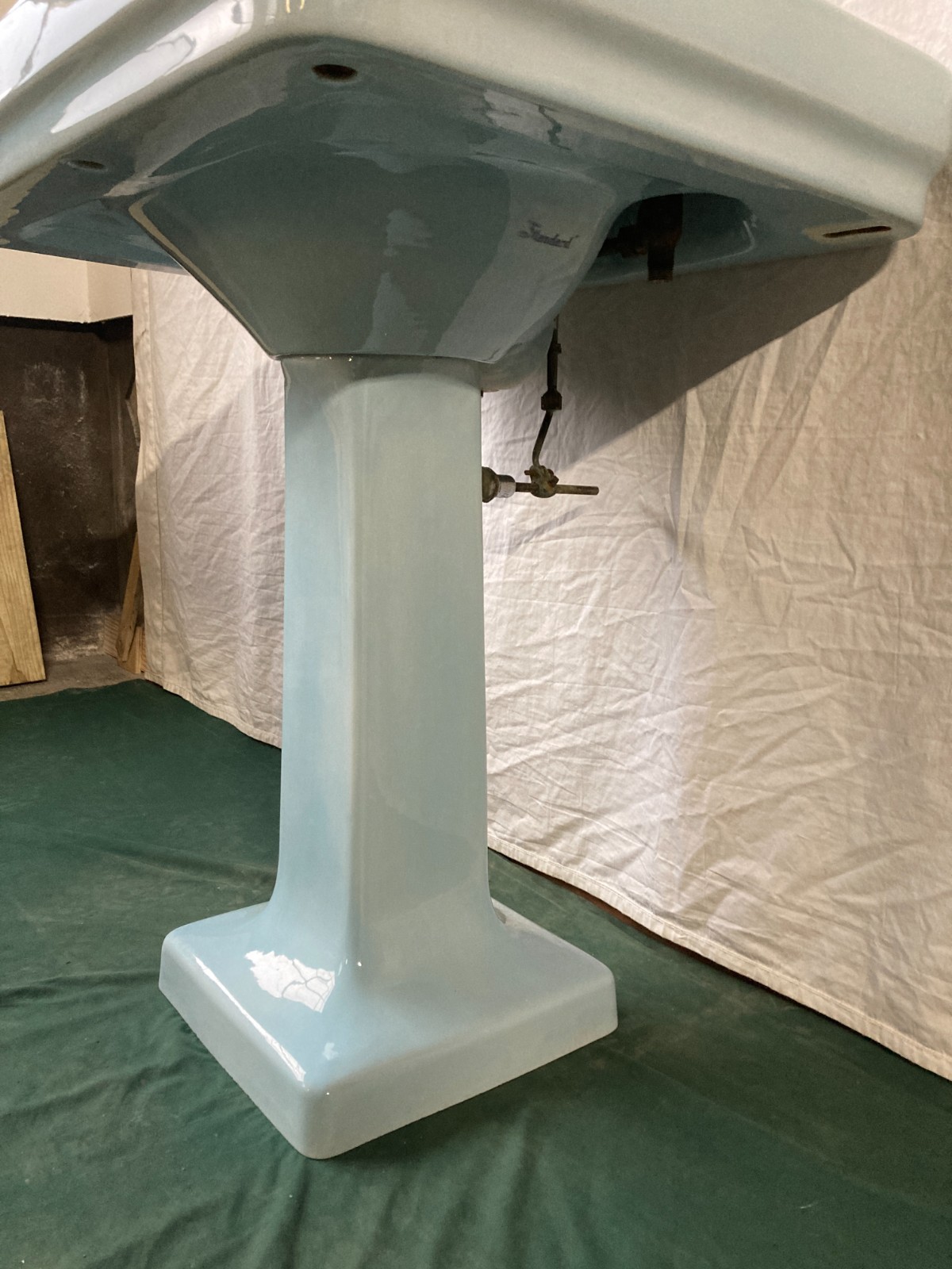 Antique 28x22 Light Blue Ceramic Pedestal Sink Old Vtg Standard 422-25E