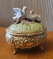 SANKYO Music Box with Porcelain Love Birds on Branch on Gold Ormulu Trinket Box