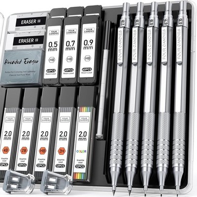 Vier Bonbons 5 Stück Metall Druckbleistift Set 0,5/0,7/0,9 mm & 2 mm mit 420 Minen