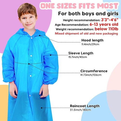BFONS 2-3 Pack Rain Ponchos for Kids, Reusable Raincoats 2pcs Blue Pink - Picture 2 of 7