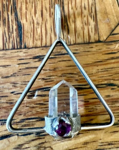 Sterling Silver Clear Quartz Healing Crystal Pendant Faceted  Inset Malachite