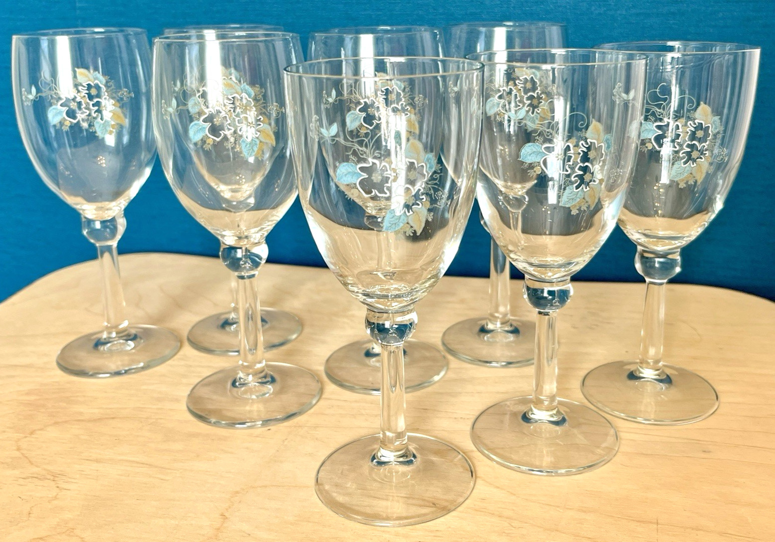 Vintage Floral Wine Glasses Set of 8 Blue White Retro Drinking Glasses image 5