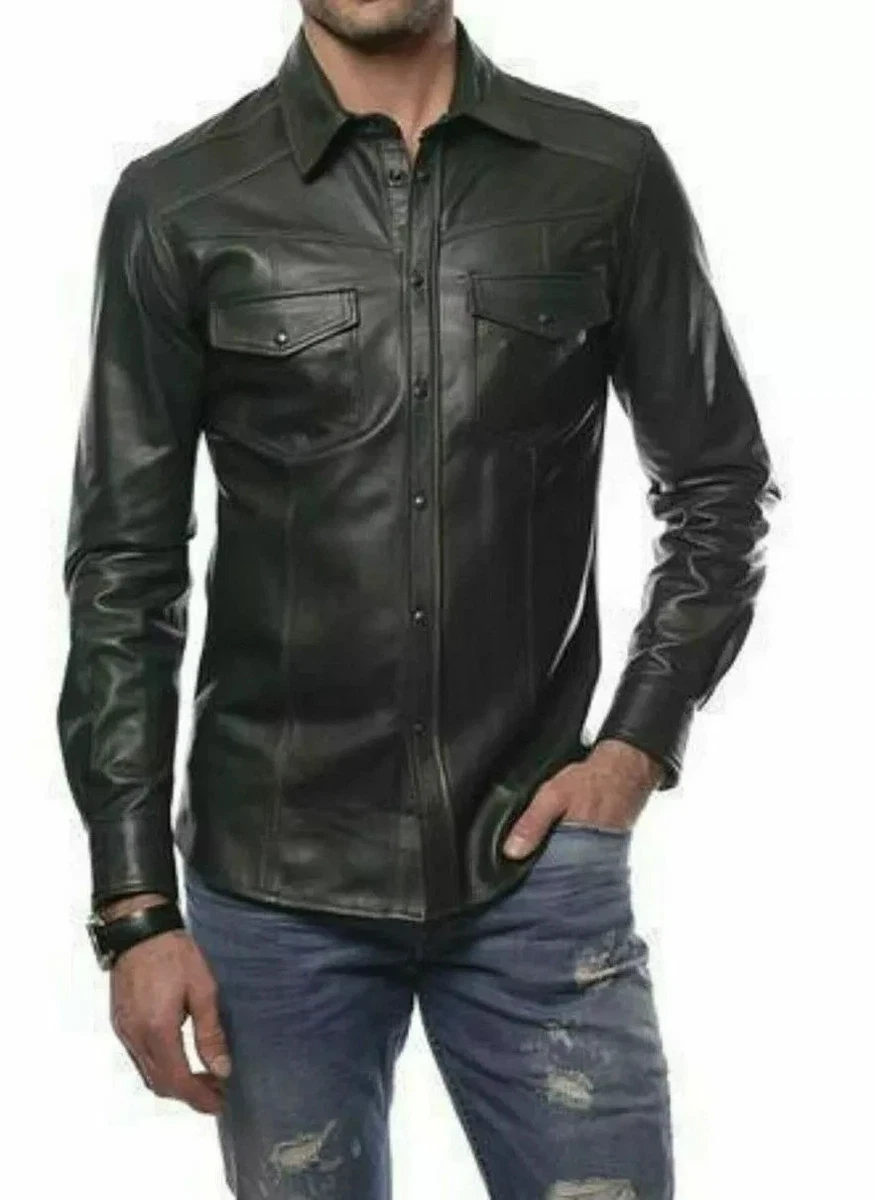 Chaqueta Camisa Western De Cuero Negro Genuino Con Botones Y Bolsillos