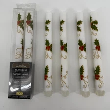Candle Impressions LED Christmas Taper Candles Holly Berry Set of 6 Timer WORKS