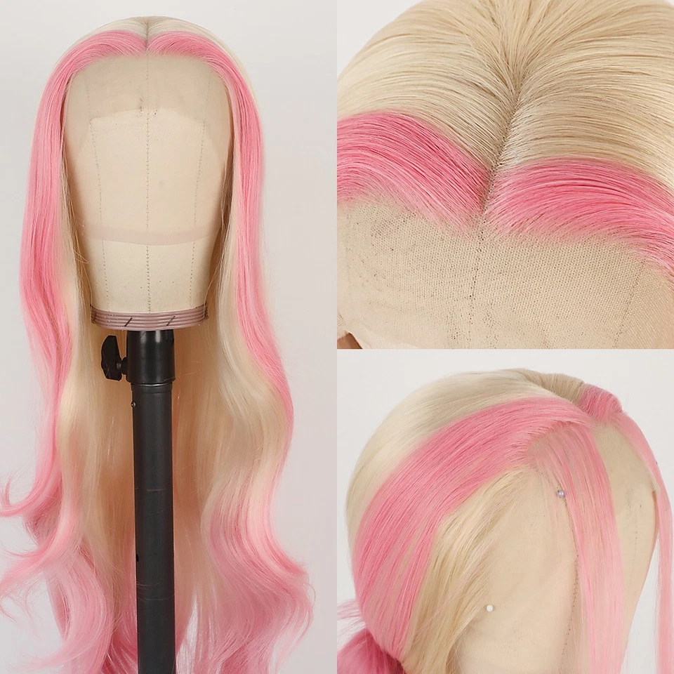 Pelucas delanteras de encaje rosa ombre rubio sin pegamento onda corporal color mezclado mujeres uso de fiesta Foto 2 de 4