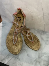 G By Guess Strappy Flat Thong Sandals Women's Sz 8M Pink w/ Rhinestones