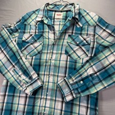 Levis Pearl Snap Western Shirt Mens Large Blue Plaid Long Sleeve Cowboy Light
