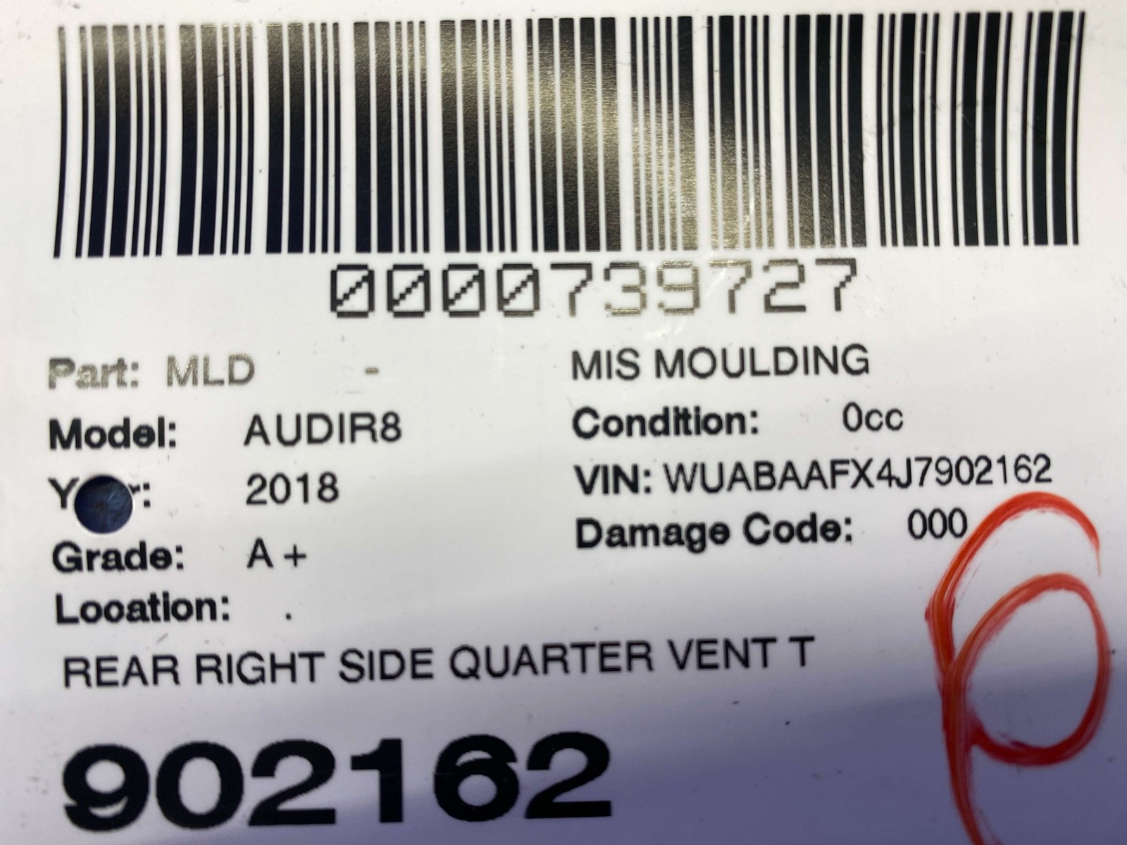2017-2023 AUDI R8 V10 4S RWS REAR RIGHT SIDE QUARTER VENT TRIM PANEL 4S8853338D