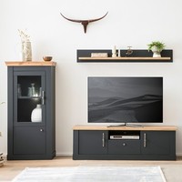 Wohnwand Set Beleuchtung Anthrazit Eiche Vitrinenschrank Tv-Schrank BüCherregal