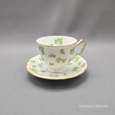 VTG Aynsley Fine Bone China England Shamrock Clover Tea Cup & Saucer, Gold Trim