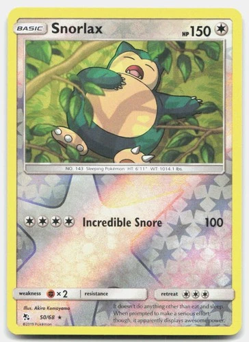 Hidden Fates Snorlax 50/68 NM Pokemon Reverse Holo Rare Tcg Card