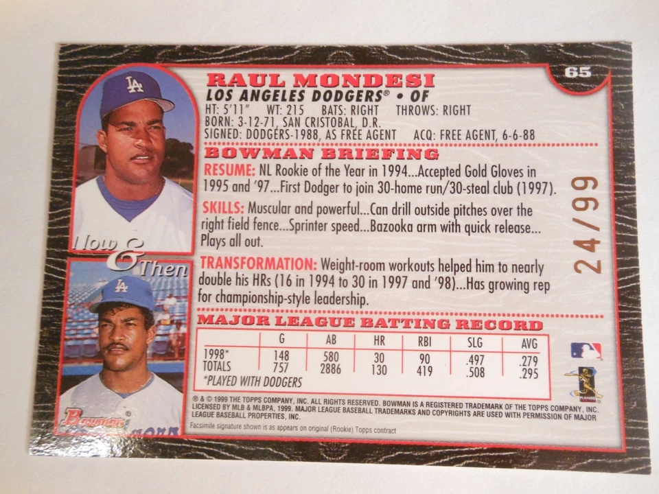 1999 Bowman Gold SP 24/99 #65 Raul Mondesi Los Angeles Dodgers - Imagem 4 de 4
